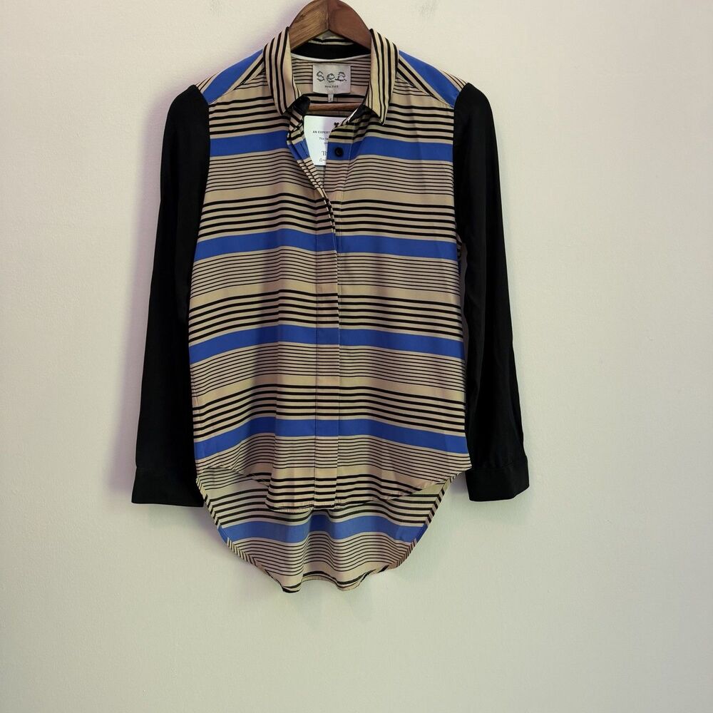 Sea New York Silk Trim Striped High Low Blouse Women’s Size 2 Blue Tan